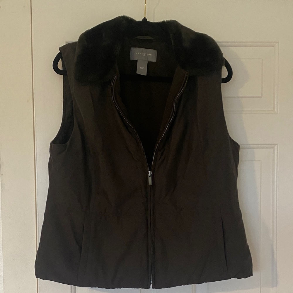 Ann Taylor Dark Brown Puffer Vest with Faux Fur Collar